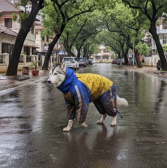 Small dog looking comfortable in light rain wearing a Doxters raincoat.