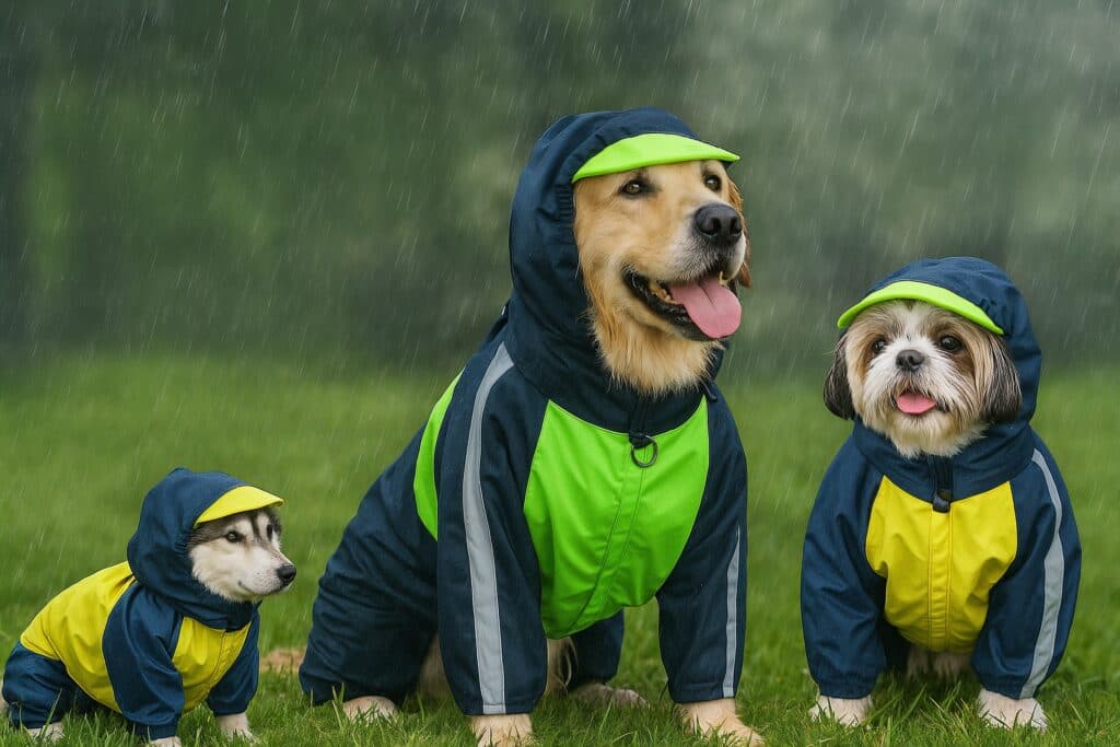Golden Retriever wearing an orange Doxters raincoat in a soft Mumbai monsoon drizzle, blurred lush green park foliage in the background.